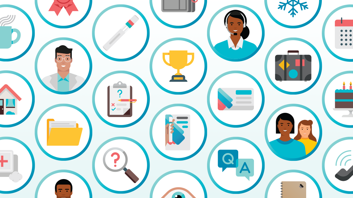 Patient support iconography in teal and turquoise circles